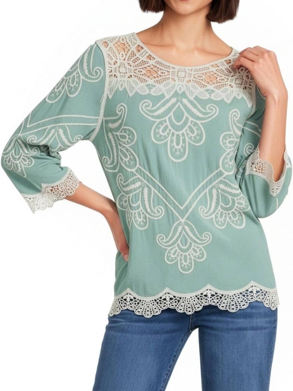 Leo & Nicole Blouse--Allover embroidery and lace trim 